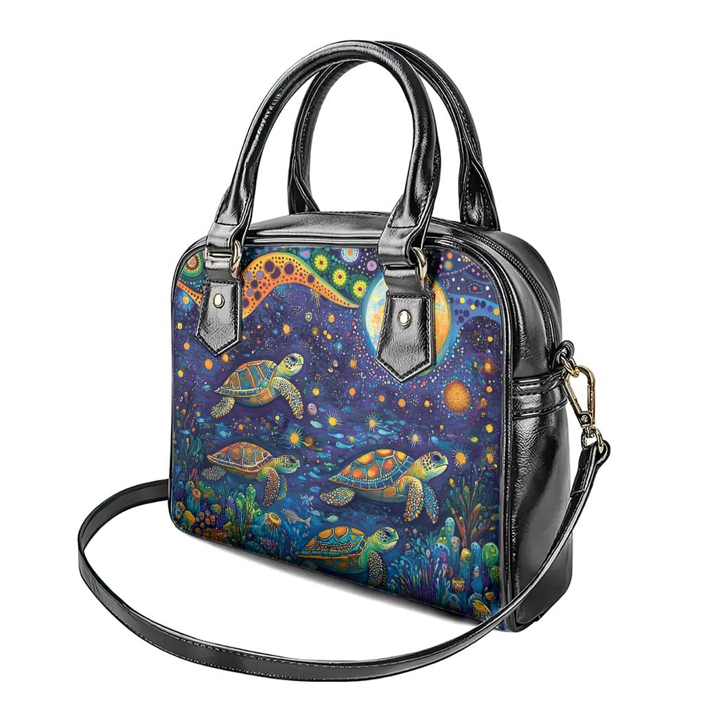 Underwater Turtles Starry Night Sky Shoulder Handbag Aboriginal Dot Painting Full Moon Coral Landscape