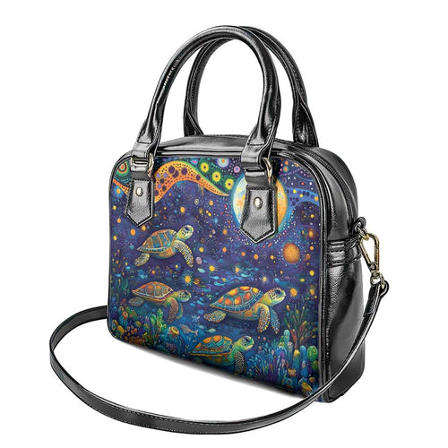 Underwater Turtles Starry Night Sky Shoulder Handbag Aboriginal Dot Painting Full Moon Coral Landscape