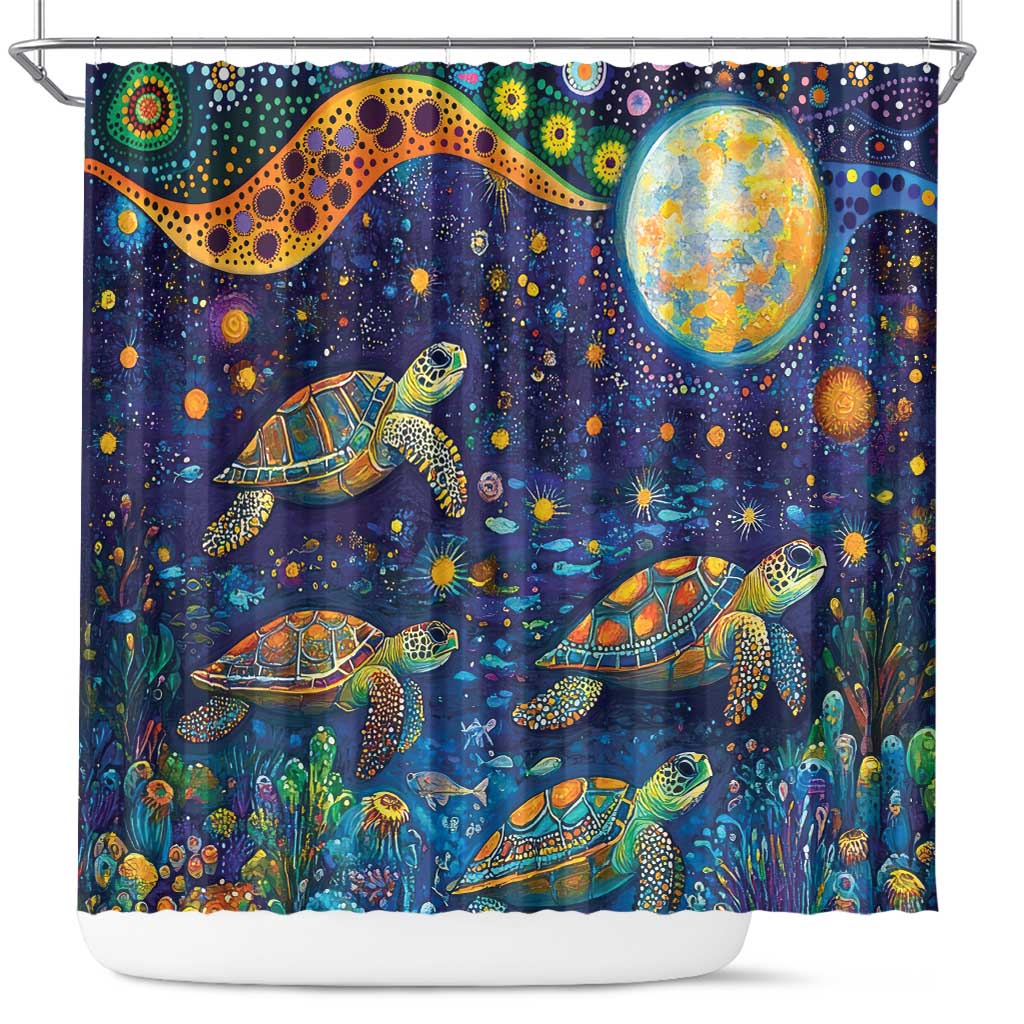 Underwater Turtles Starry Night Sky Shower Curtain Aboriginal Dot Painting Full Moon Coral Landscape