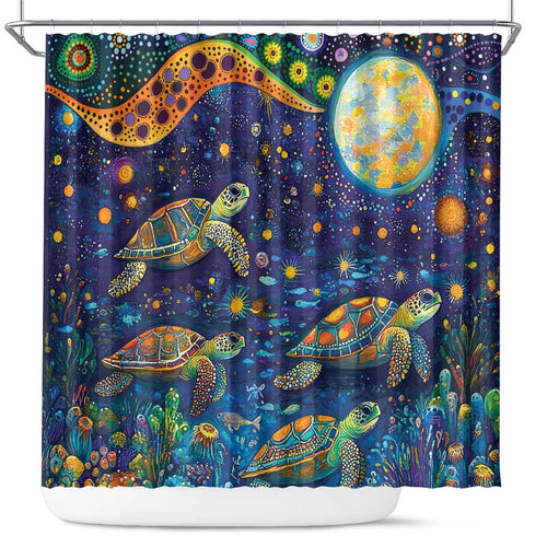 Underwater Turtles Starry Night Sky Shower Curtain Aboriginal Dot Painting Full Moon Coral Landscape
