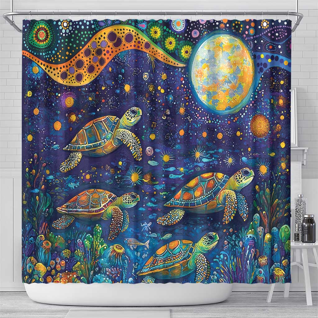 Underwater Turtles Starry Night Sky Shower Curtain Aboriginal Dot Painting Full Moon Coral Landscape
