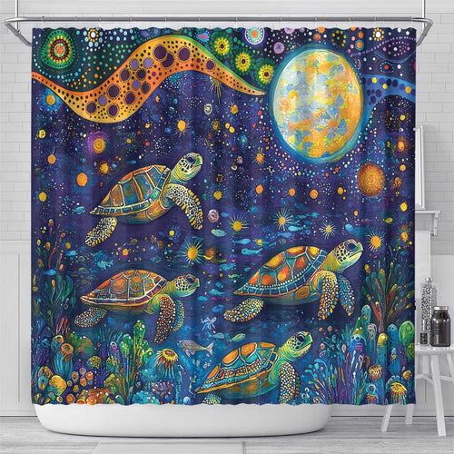 Underwater Turtles Starry Night Sky Shower Curtain Aboriginal Dot Painting Full Moon Coral Landscape
