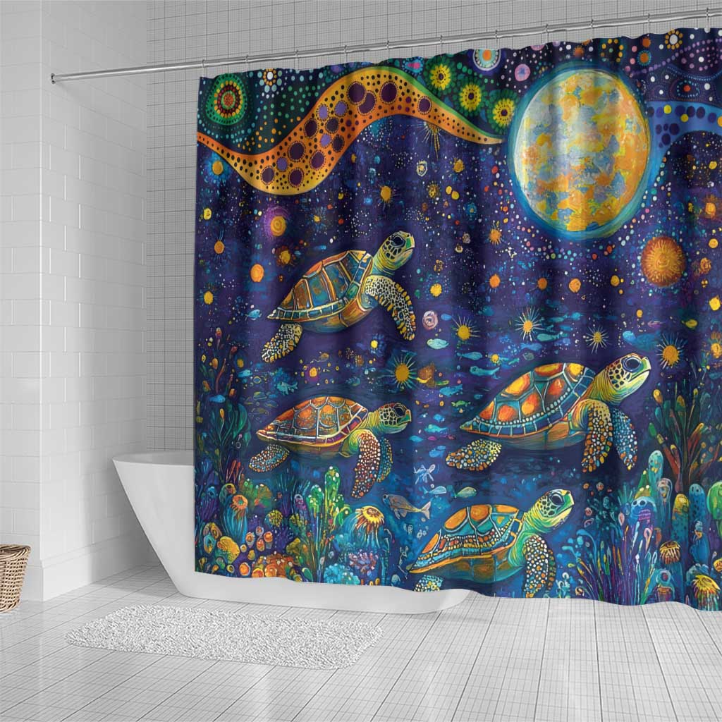 Underwater Turtles Starry Night Sky Shower Curtain Aboriginal Dot Painting Full Moon Coral Landscape