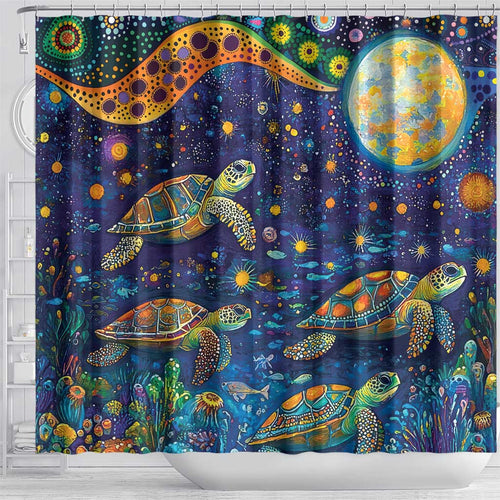 Underwater Turtles Starry Night Sky Shower Curtain Aboriginal Dot Painting Full Moon Coral Landscape