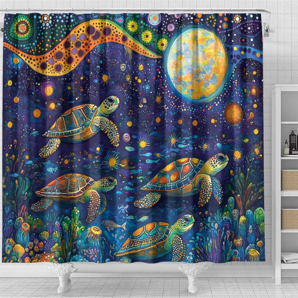 Underwater Turtles Starry Night Sky Shower Curtain Aboriginal Dot Painting Full Moon Coral Landscape