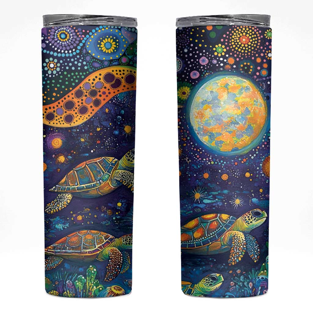 Underwater Turtles Starry Night Sky Skinny Tumbler Aboriginal Dot Painting Full Moon Coral Landscape