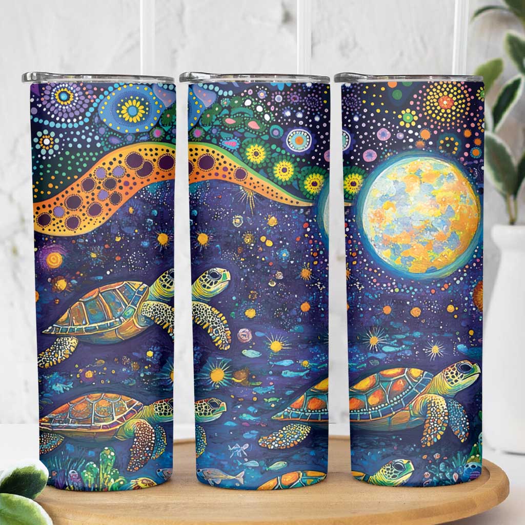 Underwater Turtles Starry Night Sky Skinny Tumbler Aboriginal Dot Painting Full Moon Coral Landscape