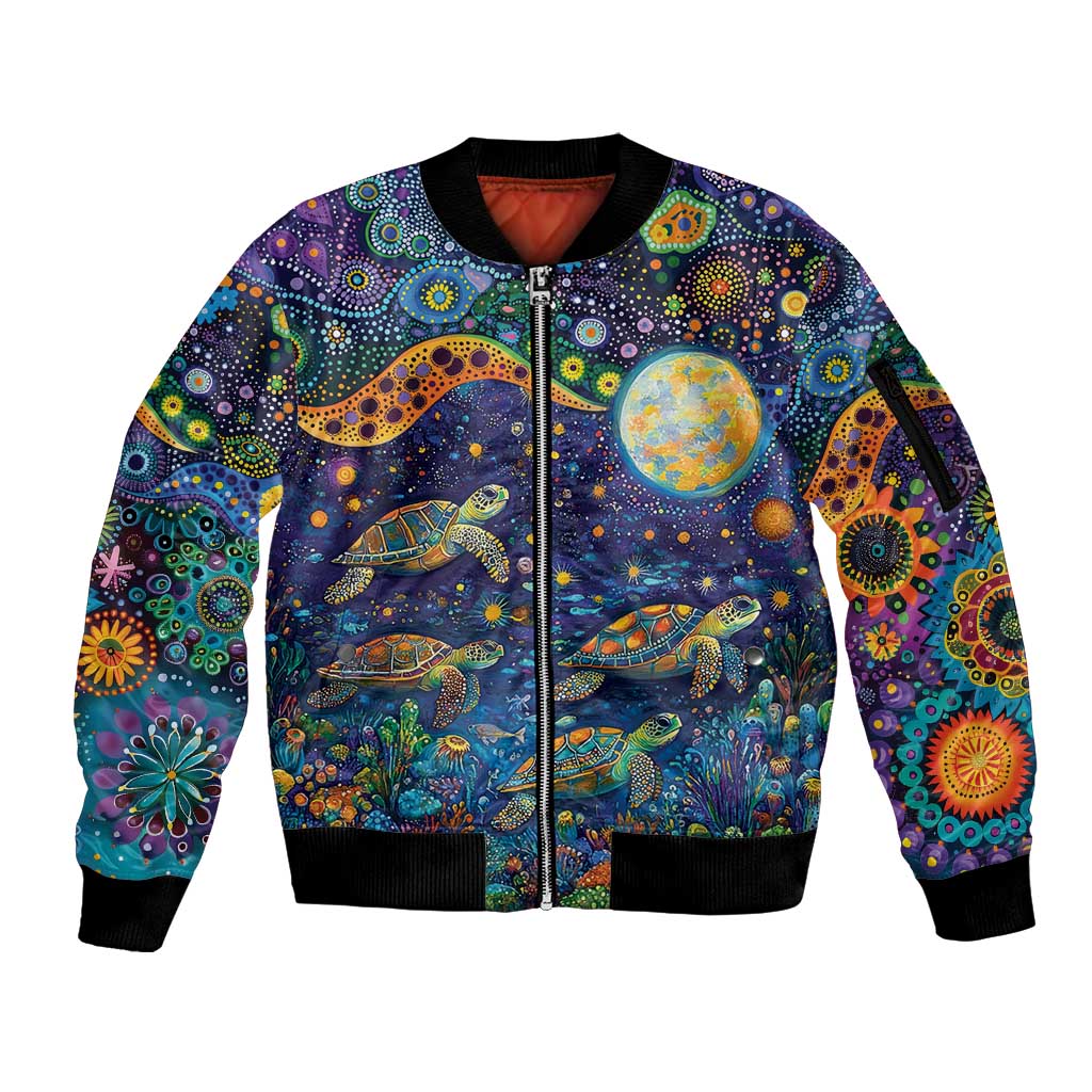 Underwater Turtles Starry Night Sky Sleeve Zip Bomber Jacket Aboriginal Dot Painting Full Moon Coral Landscape