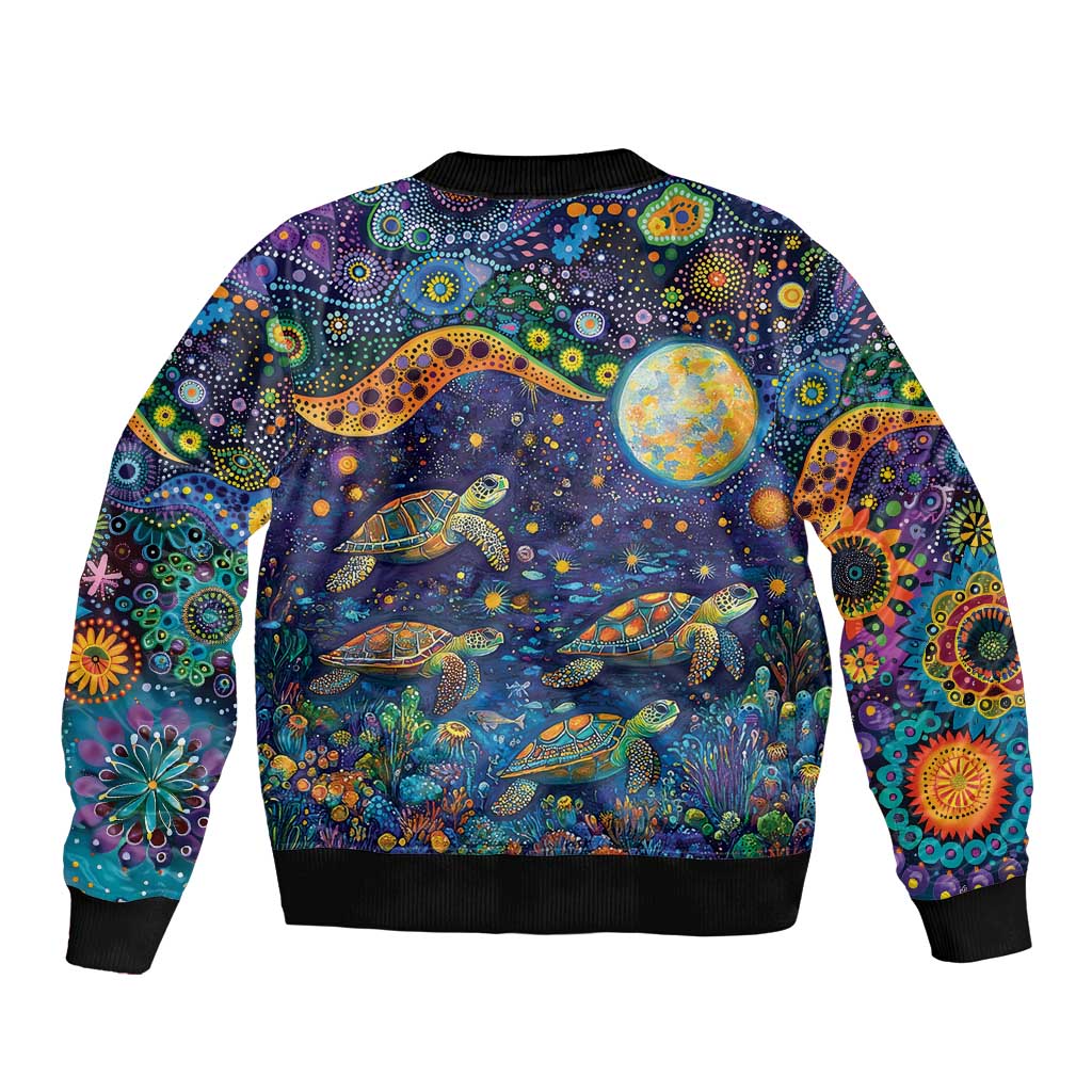 Underwater Turtles Starry Night Sky Sleeve Zip Bomber Jacket Aboriginal Dot Painting Full Moon Coral Landscape