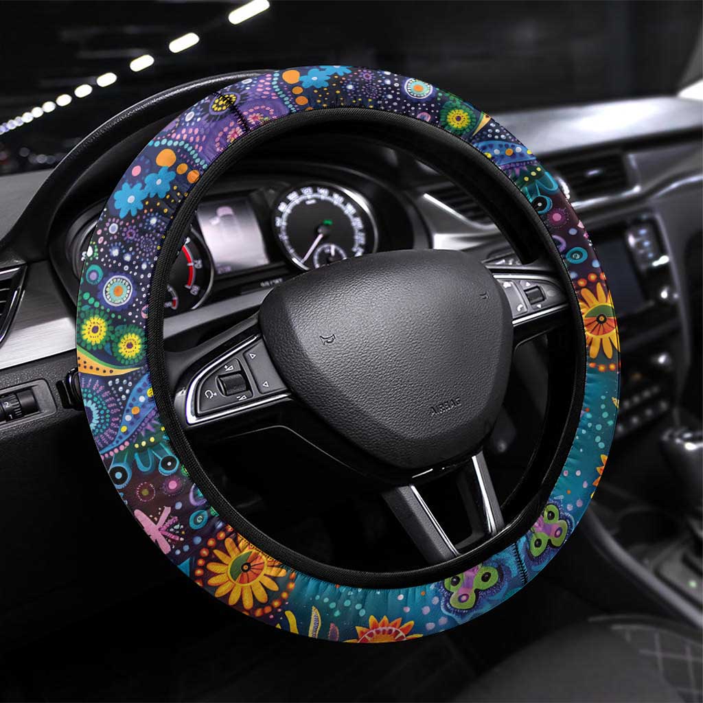 Underwater Turtles Starry Night Sky Steering Wheel Cover Aboriginal Dot Painting Full Moon Coral Landscape
