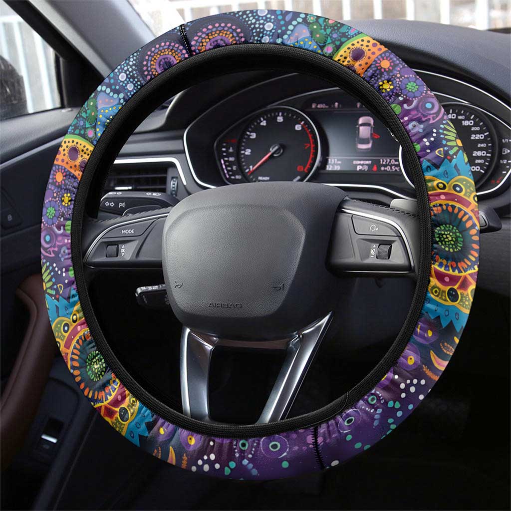 Underwater Turtles Starry Night Sky Steering Wheel Cover Aboriginal Dot Painting Full Moon Coral Landscape