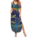 Underwater Turtles Starry Night Sky Summer Maxi Dress Aboriginal Dot Painting Full Moon Coral Landscape