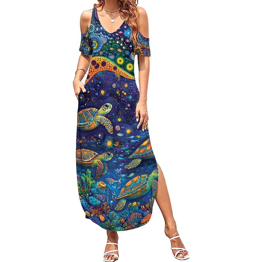 Underwater Turtles Starry Night Sky Summer Maxi Dress Aboriginal Dot Painting Full Moon Coral Landscape