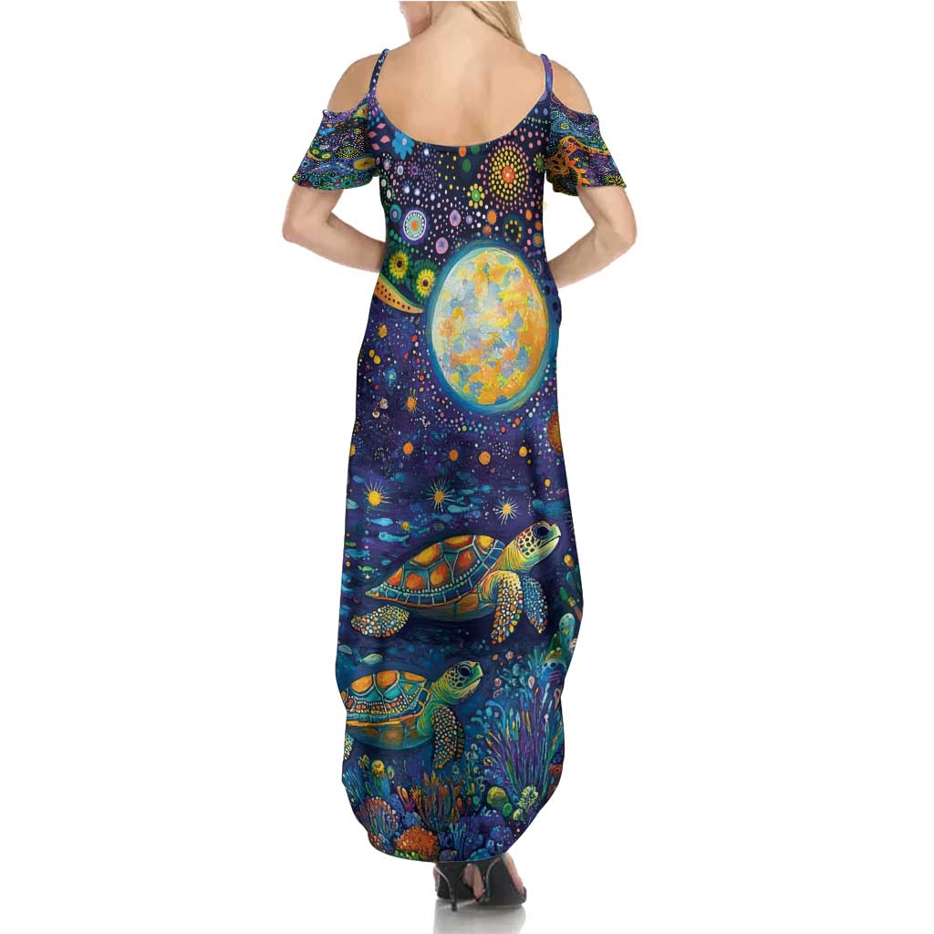 Underwater Turtles Starry Night Sky Summer Maxi Dress Aboriginal Dot Painting Full Moon Coral Landscape