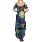 Underwater Turtles Starry Night Sky Summer Maxi Dress Aboriginal Dot Painting Full Moon Coral Landscape