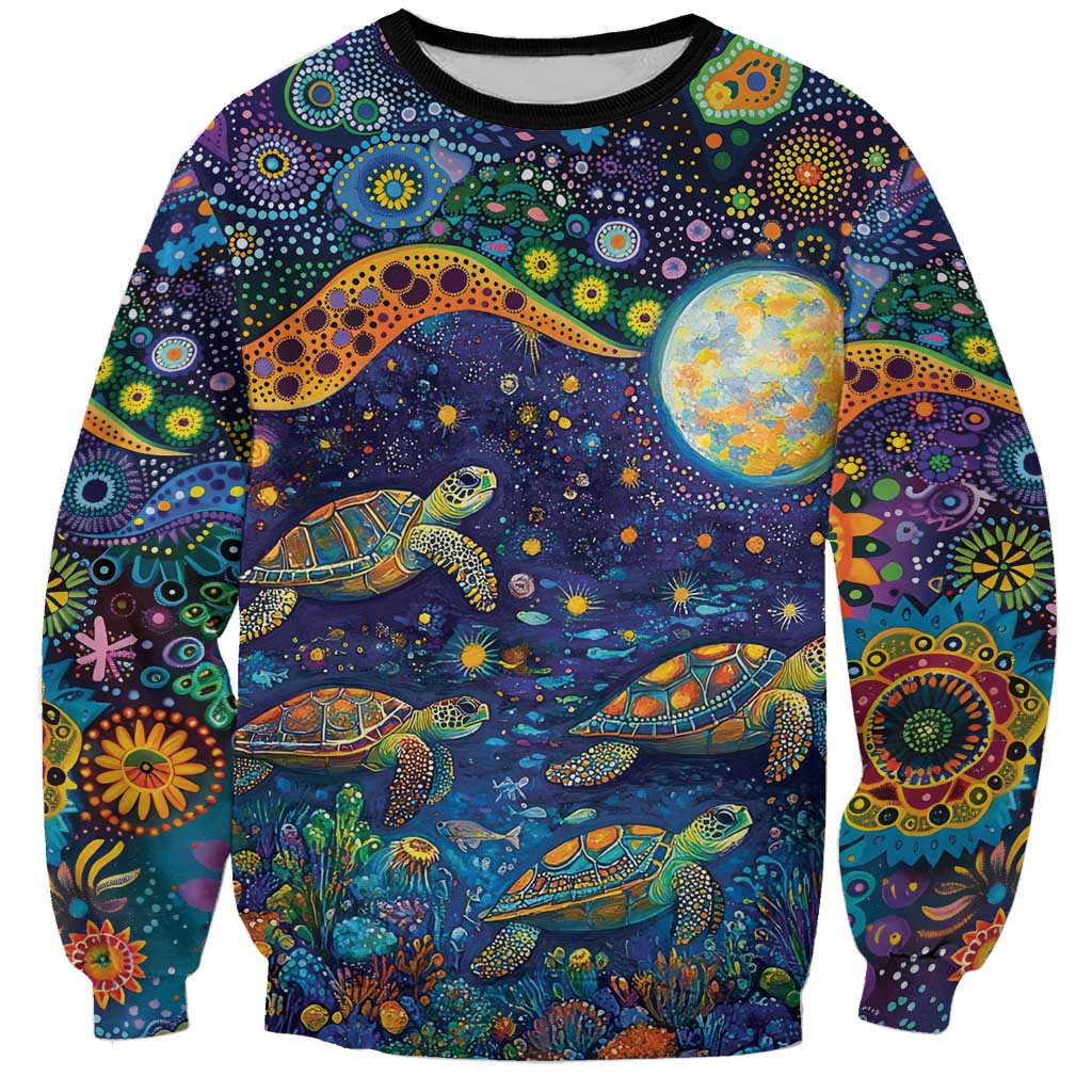 Underwater Turtles Starry Night Sky Sweatshirt Aboriginal Dot Painting Full Moon Coral Landscape