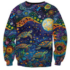 Underwater Turtles Starry Night Sky Sweatshirt Aboriginal Dot Painting Full Moon Coral Landscape