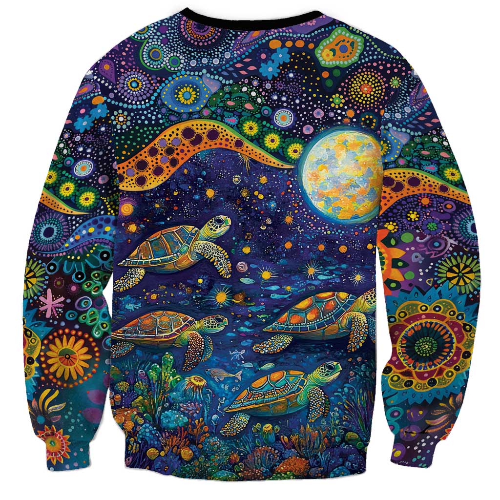 Underwater Turtles Starry Night Sky Sweatshirt Aboriginal Dot Painting Full Moon Coral Landscape