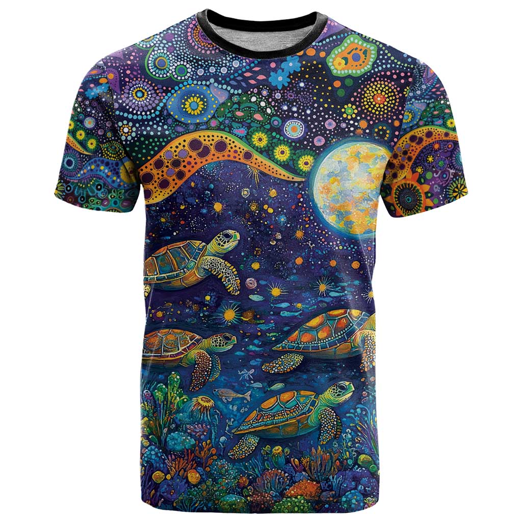 Underwater Turtles Starry Night Sky T Shirt Aboriginal Dot Painting Full Moon Coral Landscape