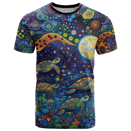 Underwater Turtles Starry Night Sky T Shirt Aboriginal Dot Painting Full Moon Coral Landscape