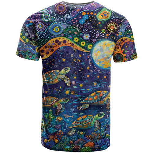 Underwater Turtles Starry Night Sky T Shirt Aboriginal Dot Painting Full Moon Coral Landscape