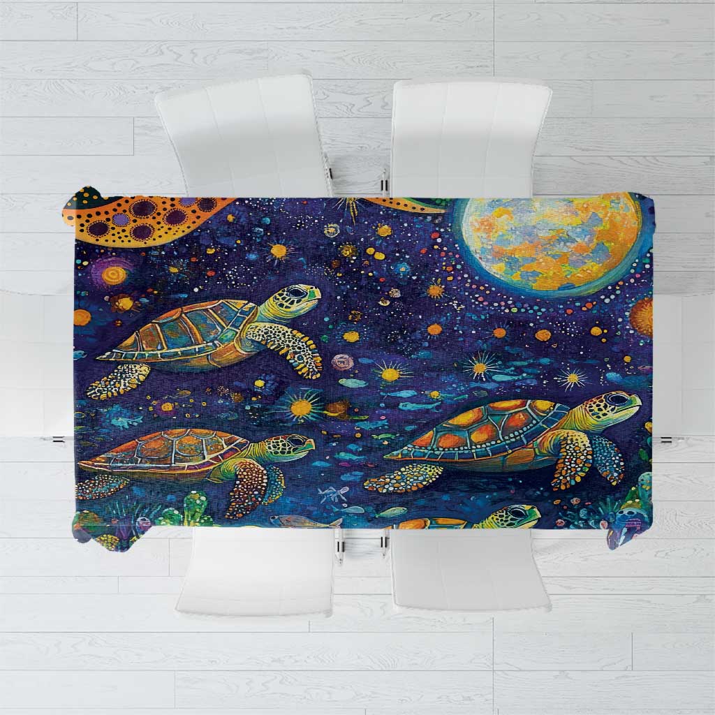 Underwater Turtles Starry Night Sky Tablecloth Aboriginal Dot Painting Full Moon Coral Landscape