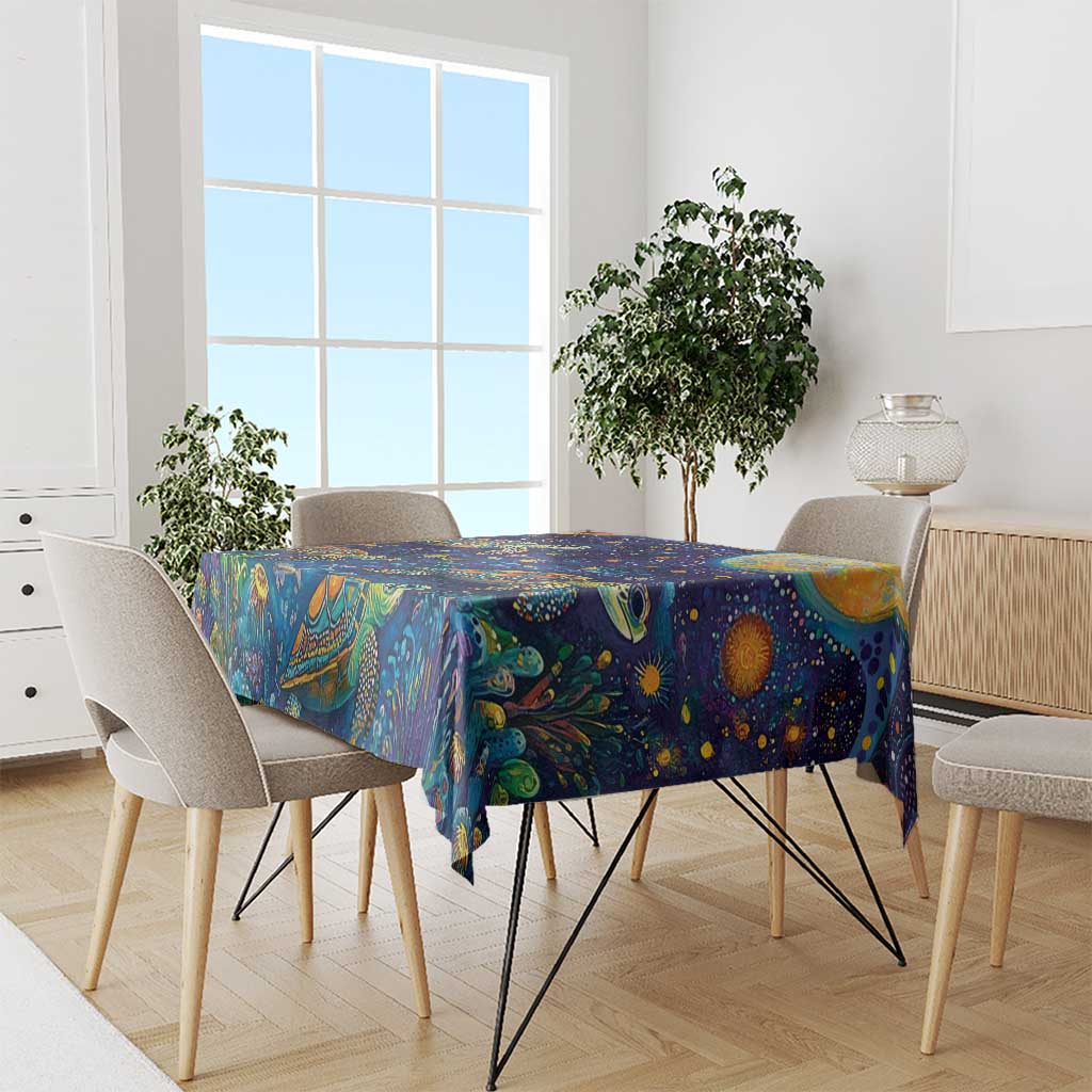 Underwater Turtles Starry Night Sky Tablecloth Aboriginal Dot Painting Full Moon Coral Landscape