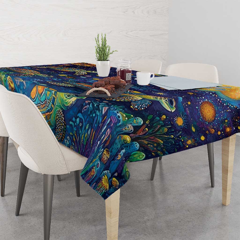 Underwater Turtles Starry Night Sky Tablecloth Aboriginal Dot Painting Full Moon Coral Landscape