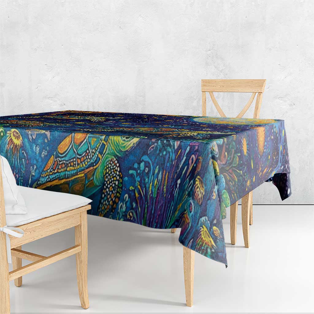 Underwater Turtles Starry Night Sky Tablecloth Aboriginal Dot Painting Full Moon Coral Landscape