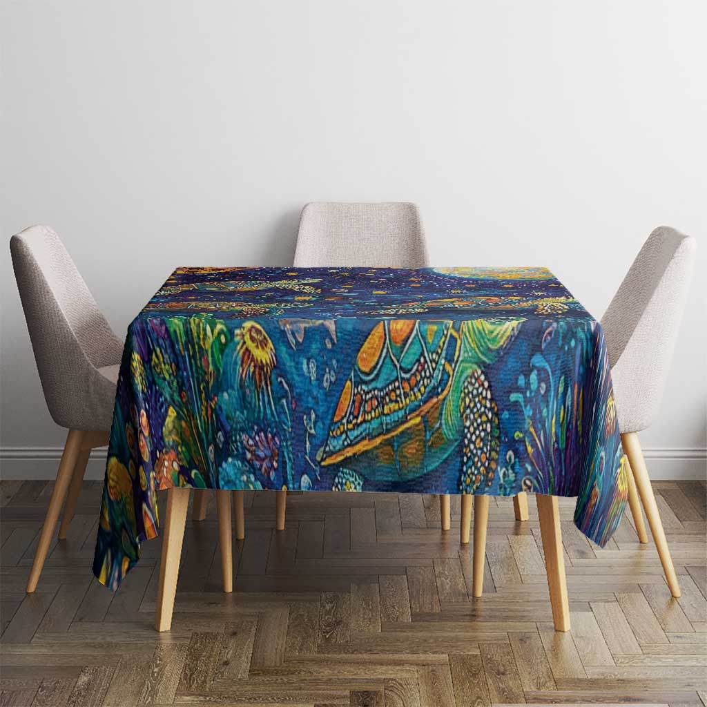 Underwater Turtles Starry Night Sky Tablecloth Aboriginal Dot Painting Full Moon Coral Landscape
