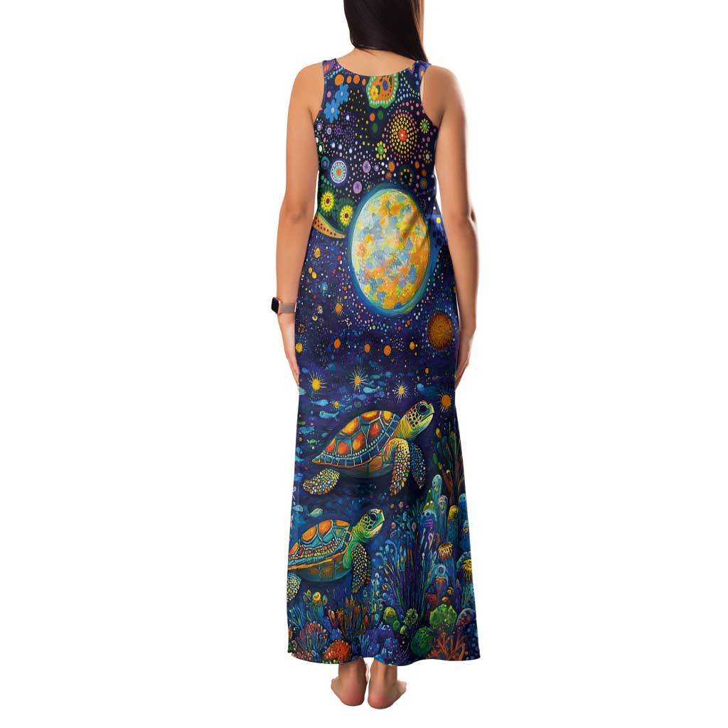 Underwater Turtles Starry Night Sky Tank Maxi Dress Aboriginal Dot Painting Full Moon Coral Landscape