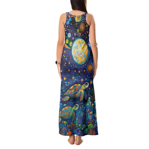 Underwater Turtles Starry Night Sky Tank Maxi Dress Aboriginal Dot Painting Full Moon Coral Landscape