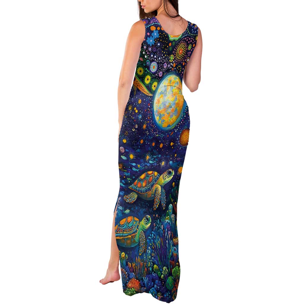 Underwater Turtles Starry Night Sky Tank Maxi Dress Aboriginal Dot Painting Full Moon Coral Landscape