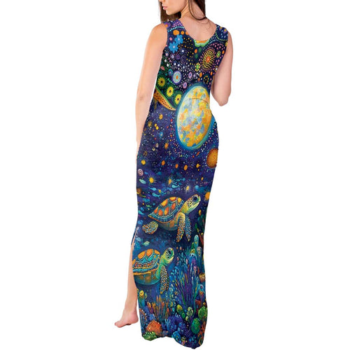 Underwater Turtles Starry Night Sky Tank Maxi Dress Aboriginal Dot Painting Full Moon Coral Landscape