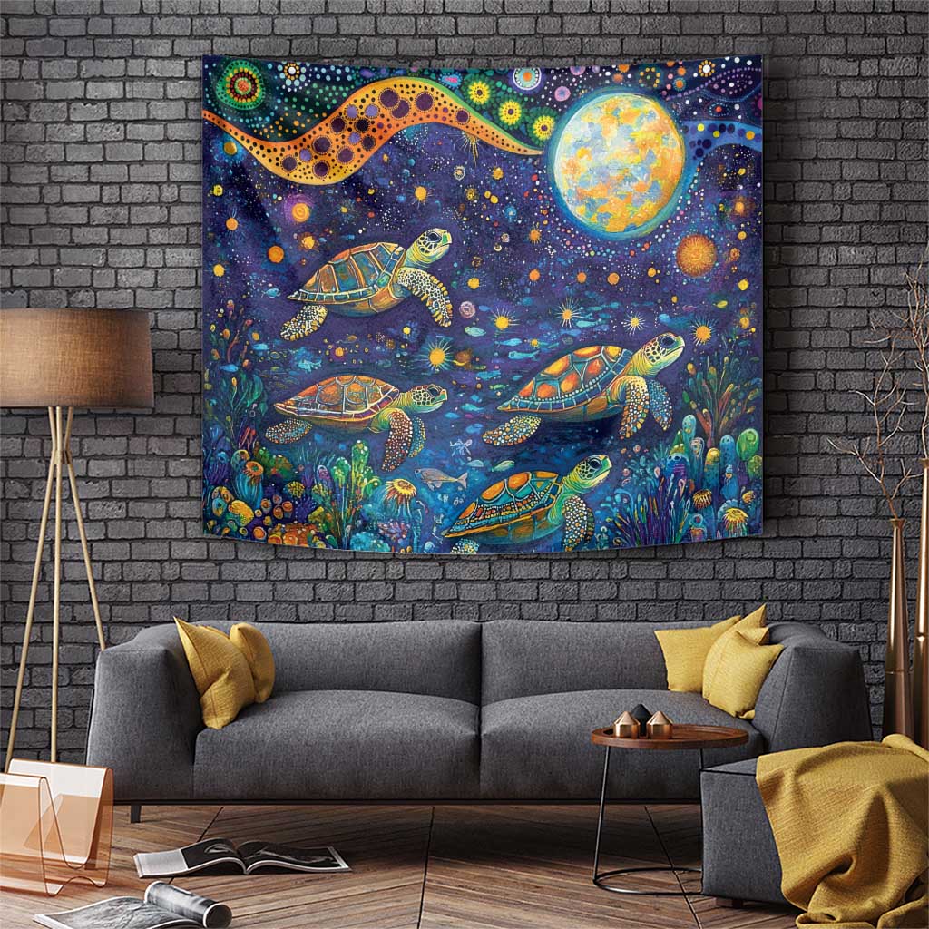 Underwater Turtles Starry Night Sky Tapestry Aboriginal Dot Painting Full Moon Coral Landscape