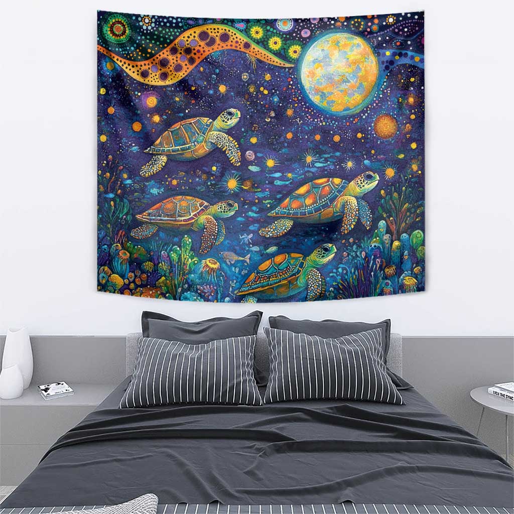 Underwater Turtles Starry Night Sky Tapestry Aboriginal Dot Painting Full Moon Coral Landscape