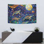 Underwater Turtles Starry Night Sky Tapestry Aboriginal Dot Painting Full Moon Coral Landscape