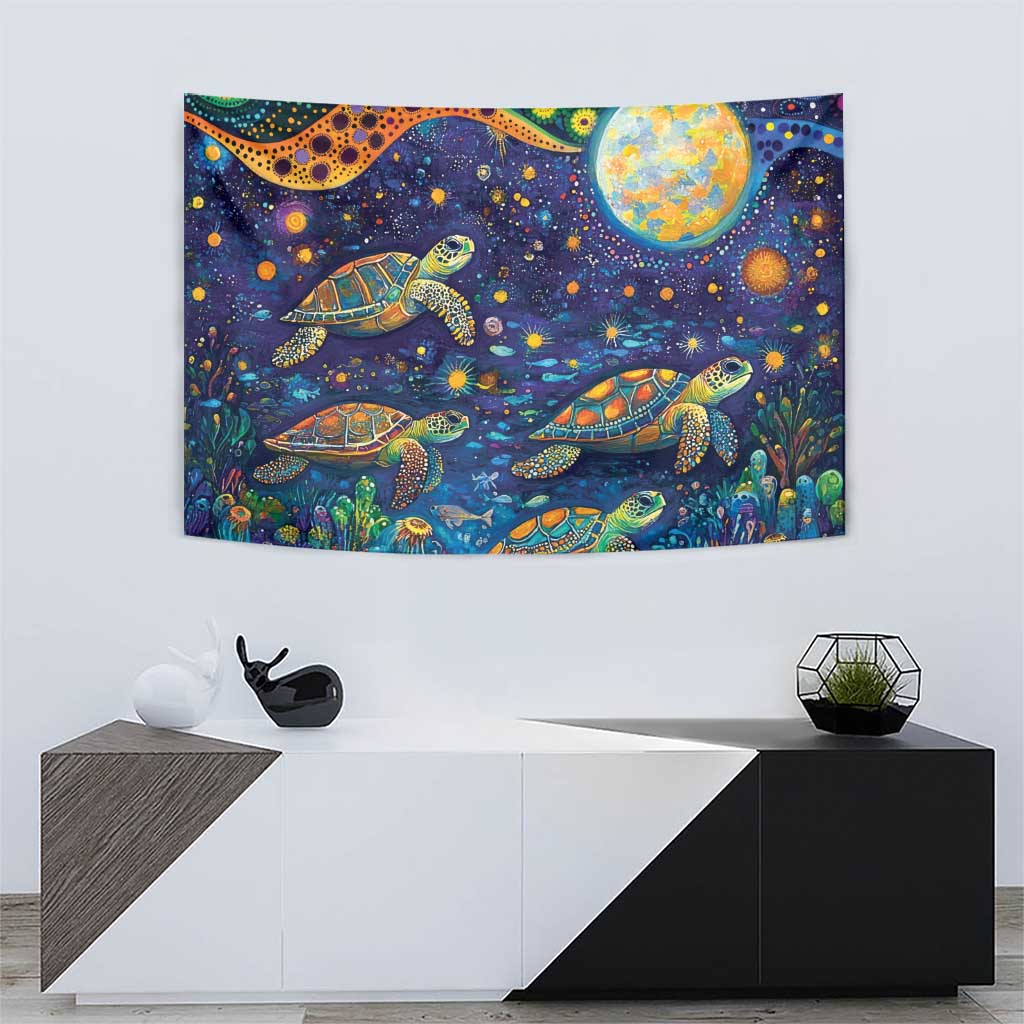 Underwater Turtles Starry Night Sky Tapestry Aboriginal Dot Painting Full Moon Coral Landscape
