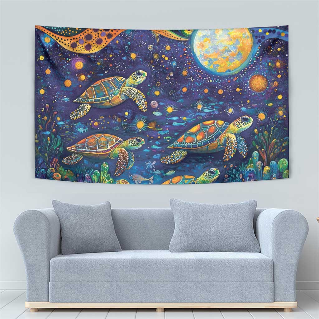 Underwater Turtles Starry Night Sky Tapestry Aboriginal Dot Painting Full Moon Coral Landscape