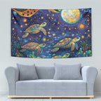 Underwater Turtles Starry Night Sky Tapestry Aboriginal Dot Painting Full Moon Coral Landscape