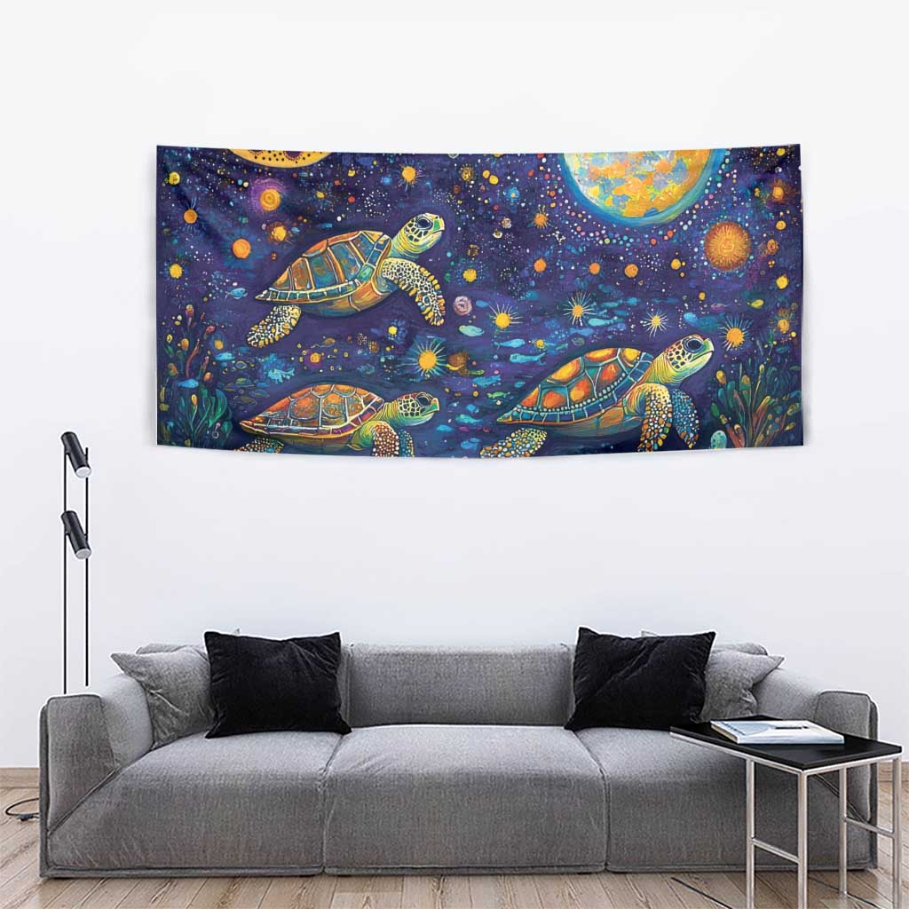 Underwater Turtles Starry Night Sky Tapestry Aboriginal Dot Painting Full Moon Coral Landscape