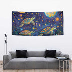 Underwater Turtles Starry Night Sky Tapestry Aboriginal Dot Painting Full Moon Coral Landscape