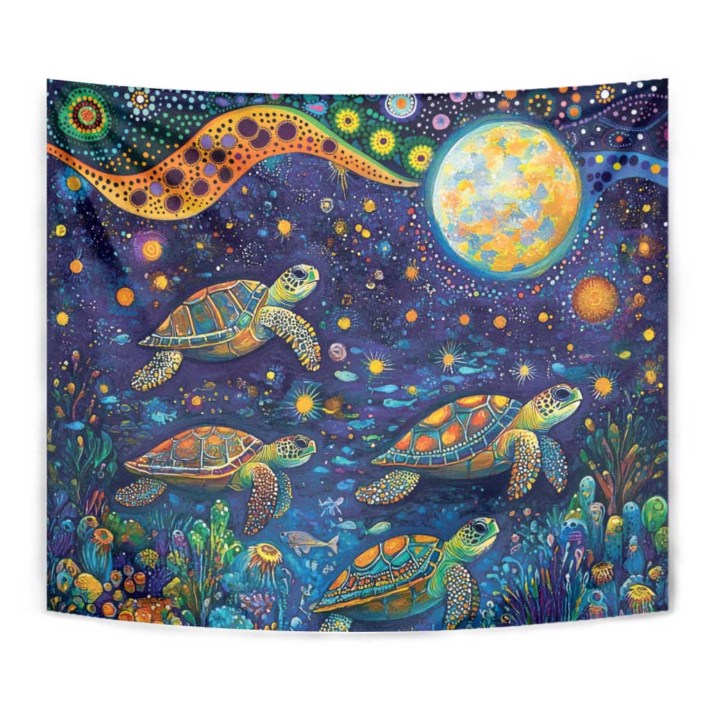 Underwater Turtles Starry Night Sky Tapestry Aboriginal Dot Painting Full Moon Coral Landscape