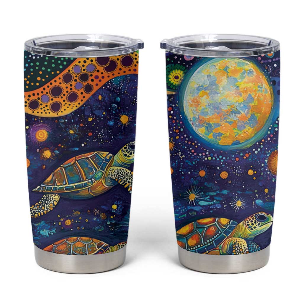 Underwater Turtles Starry Night Sky Tumbler Cup Aboriginal Dot Painting Full Moon Coral Landscape