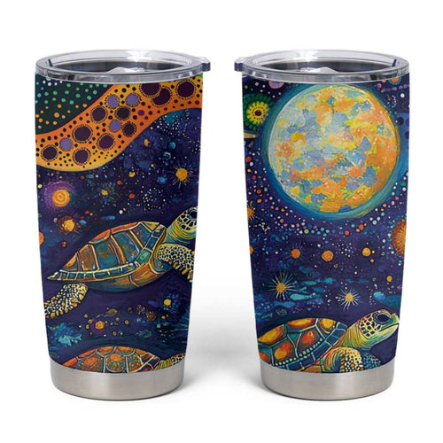 Underwater Turtles Starry Night Sky Tumbler Cup Aboriginal Dot Painting Full Moon Coral Landscape