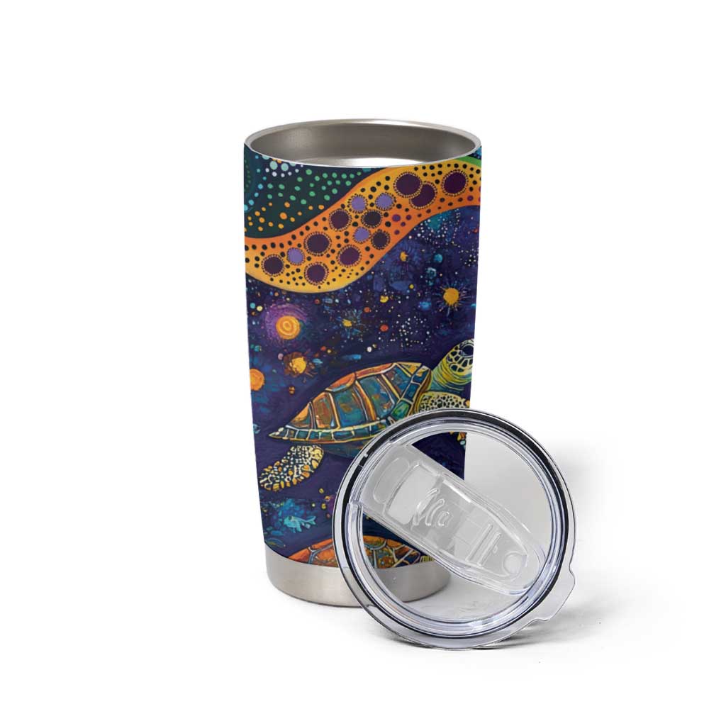 Underwater Turtles Starry Night Sky Tumbler Cup Aboriginal Dot Painting Full Moon Coral Landscape