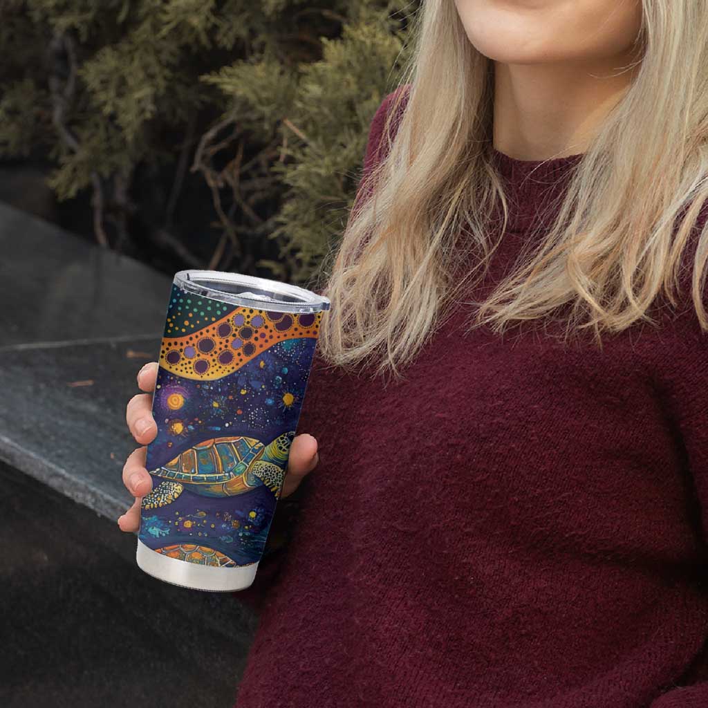 Underwater Turtles Starry Night Sky Tumbler Cup Aboriginal Dot Painting Full Moon Coral Landscape