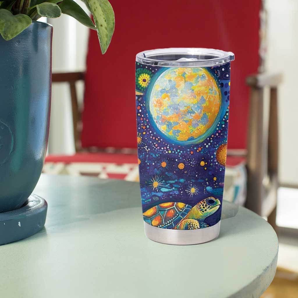 Underwater Turtles Starry Night Sky Tumbler Cup Aboriginal Dot Painting Full Moon Coral Landscape