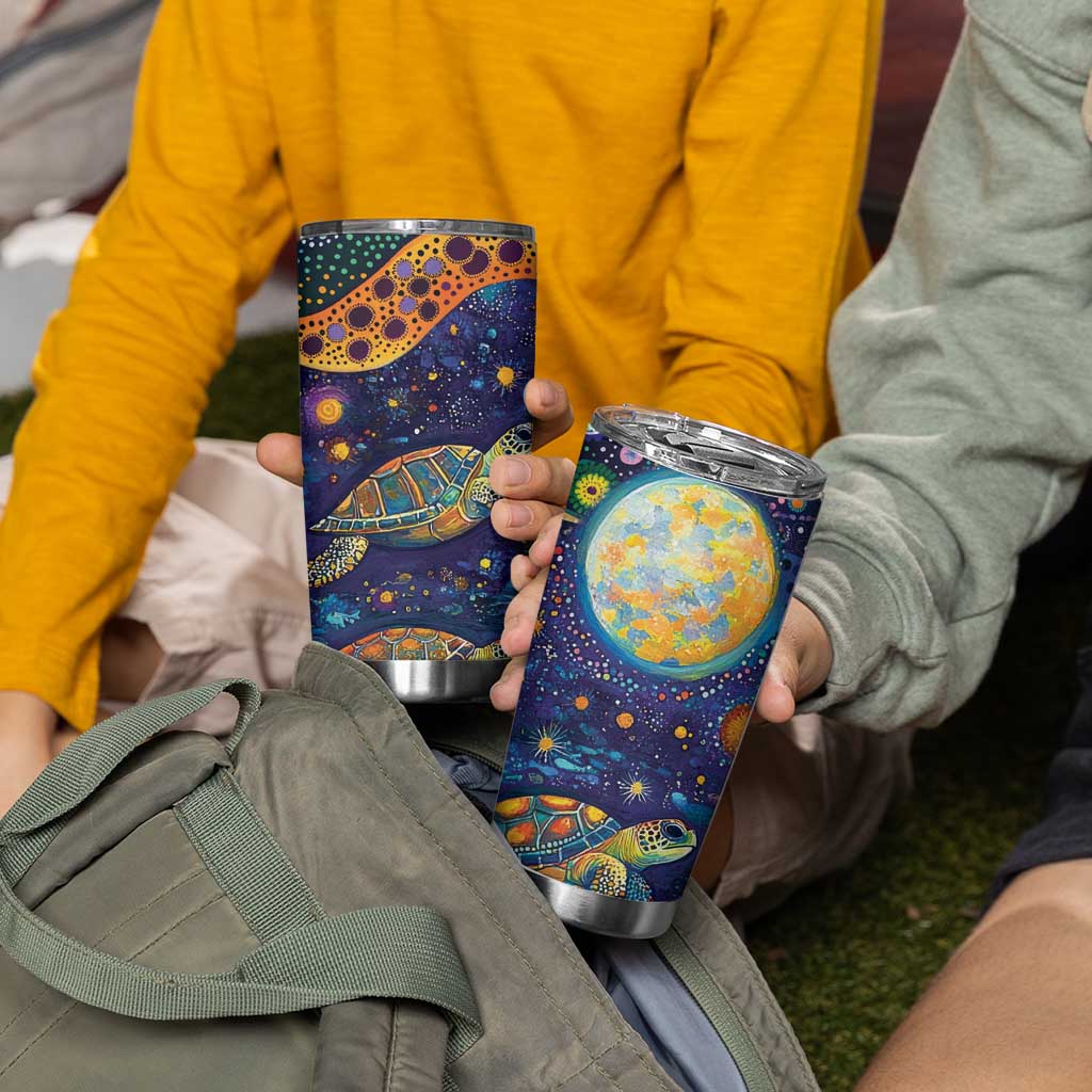 Underwater Turtles Starry Night Sky Tumbler Cup Aboriginal Dot Painting Full Moon Coral Landscape