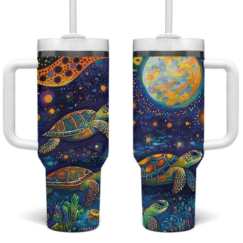 Underwater Turtles Starry Night Sky Tumbler With Handle Aboriginal Dot Painting Full Moon Coral Landscape